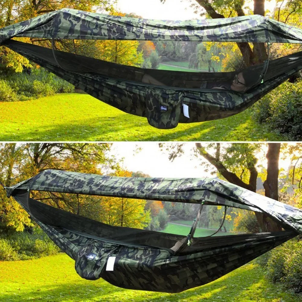 

1-2 Person Portable Outdoor Camping Hammock With Awning Mosquito Net High Strength Parachute Fabric Hanging Bed Hunting Swing