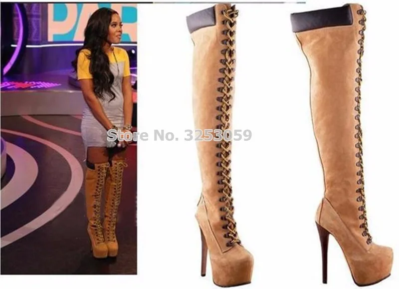 Picture High Über up die Picture Klassische Kamel knie Nieten as Kleid Schuh Spitze Punk Heels As Stil Dünne Stiefel Farbe Patchwork Plattform Lange q4PwI4
