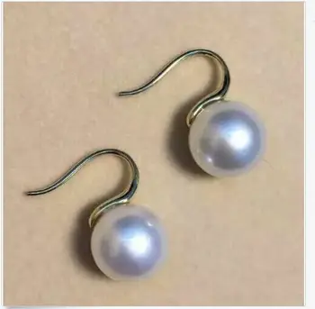 

free shipping charming 9-10mm natural south sea white round pearl earring 14k