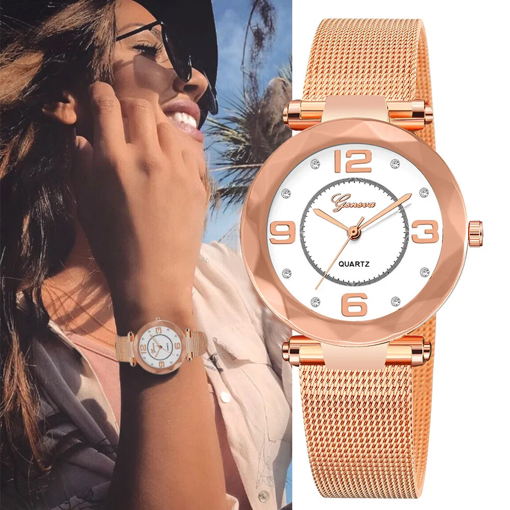 

Geneva Ladies Watch Stainless Steel Mesh Fashion Classic Women Watches Luxury Brand Analog Quartz WristWatches Zegarek Damski #W