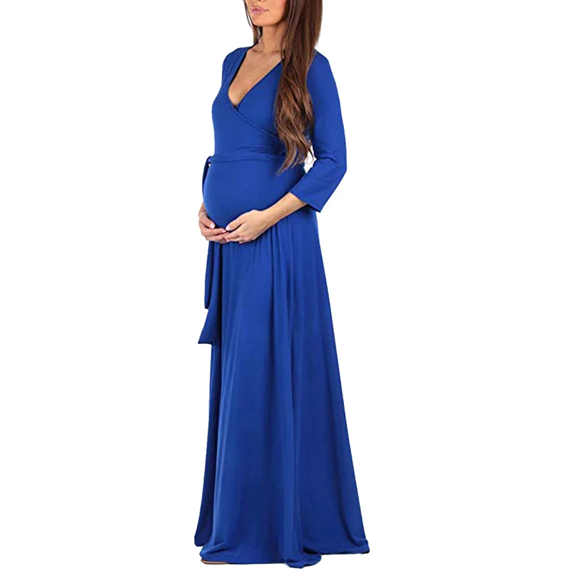 Shujin платье макси для беременных женщин с v-образным вырезом и регулируемым поясом платье для беременных женское платье макси Одежда Сарафан - Цвет: Blue