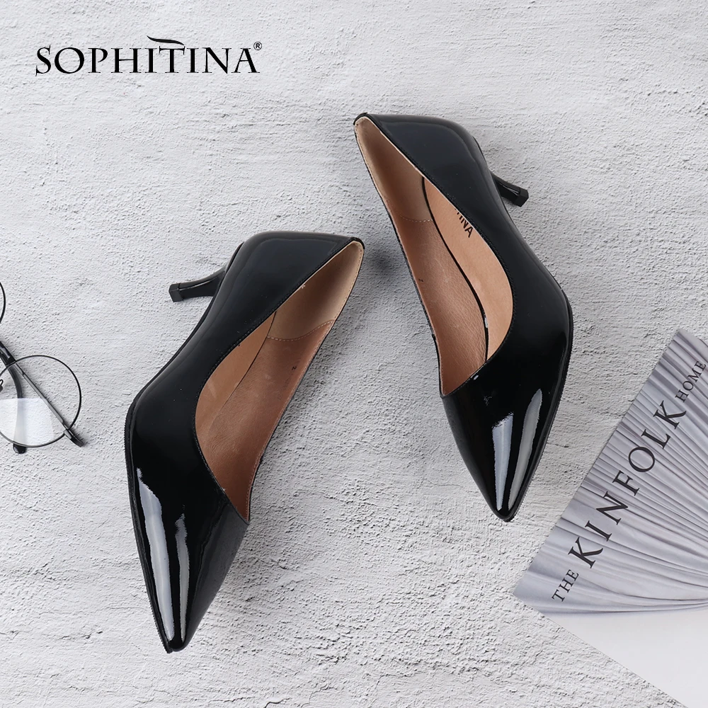 SOPHITINA Sexy Pointed Toe Women Pumps Genuine Leather 5 cm High Heel Slip-On Shoes Basic Handmade Thin Heel Ladies Pumps SC169