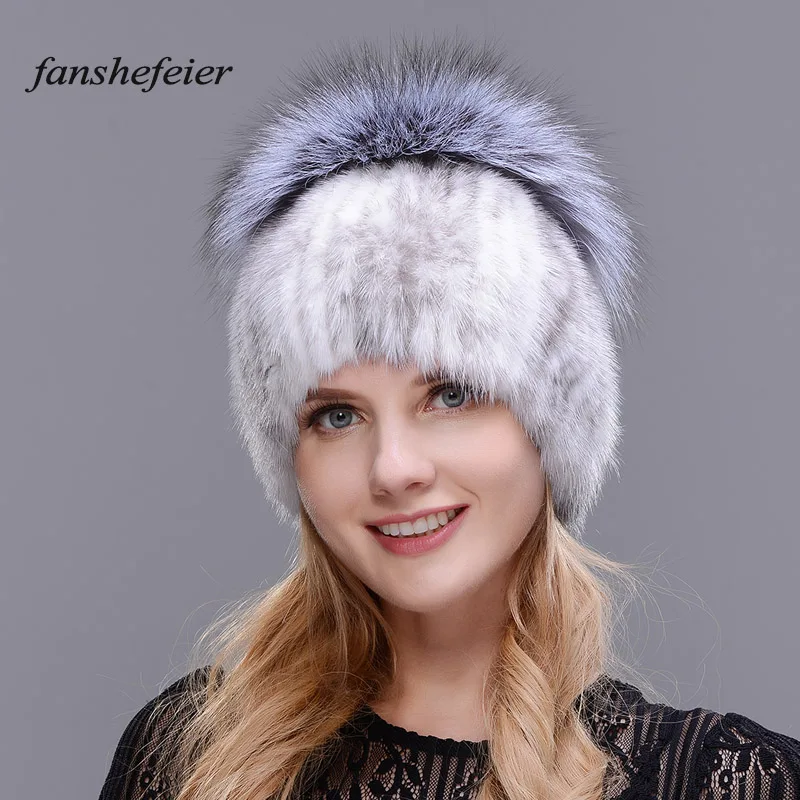 Fanshefeier натуральный мех серебристой лисы шапки для русской зимы теплые модные высококачественные шапочки из натурального меха норки шапки для женщин