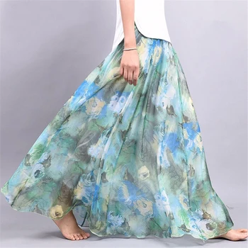 

New Elegant Summer Women Retro Beach Skirt Large Umbrella Bohemian Skirt Ankle-Length Lady Print Chiffon Skirt