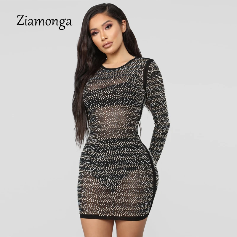 Ziamonga Glitter Rhinestones Sexy Dress Women Black O Neck Long Sleeve Bodycon Dress Elegant 