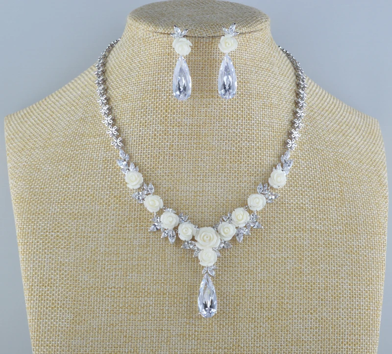 

Bridal Wedding Necklace sets AAA Cubic Zirconia Porcelain Flower Marquise Type high quality For Party Dress Jewelry sets