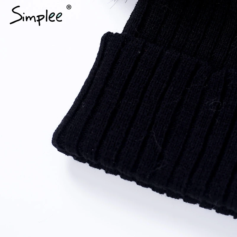 Женская меховая черная вязаная шапка Simplee,осень-зима, женские маски и шапочки, элегантная повседневная теплая уличная шапка с помпоном