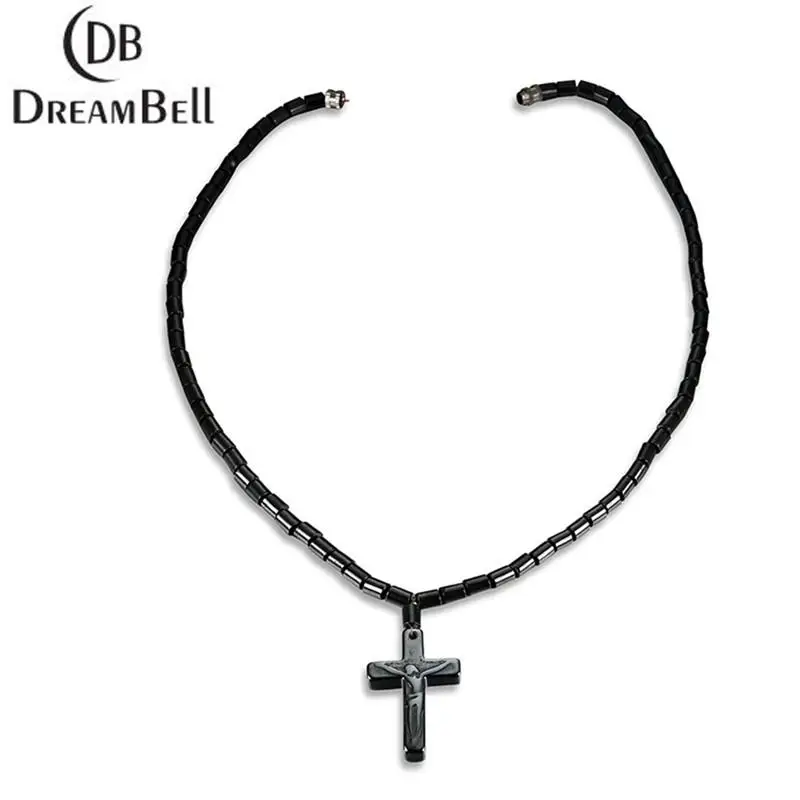 

DreamBell punk Magnetic Black Stone Cross Shape Pendant Necklace for Women Men Fashion Hematite Jewelry Necklace zk30