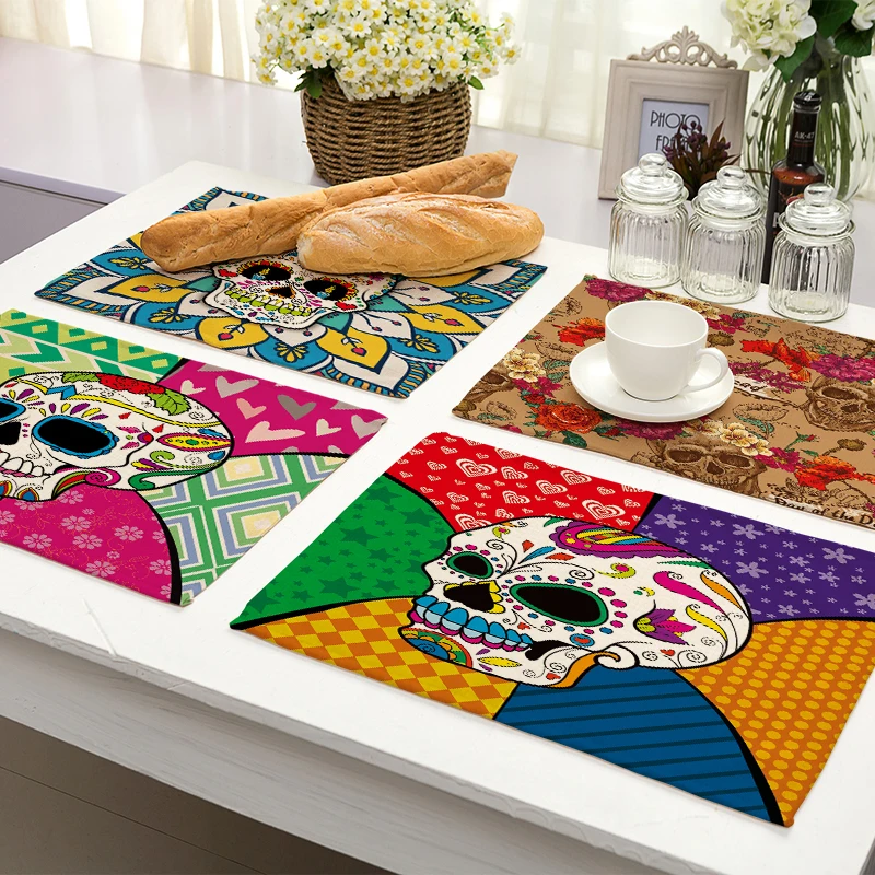 Miracille 2/4/6pieces Set Sugar Skull Art Home Decorative Table Place Mats Flower Skulls Pattern Placemats For Kitchen Table