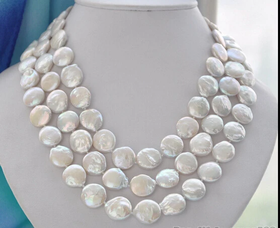 

FREE SHIPPING>>>@@ > N1960 nautral 3row 14mm white coin freshwater pearl necklace