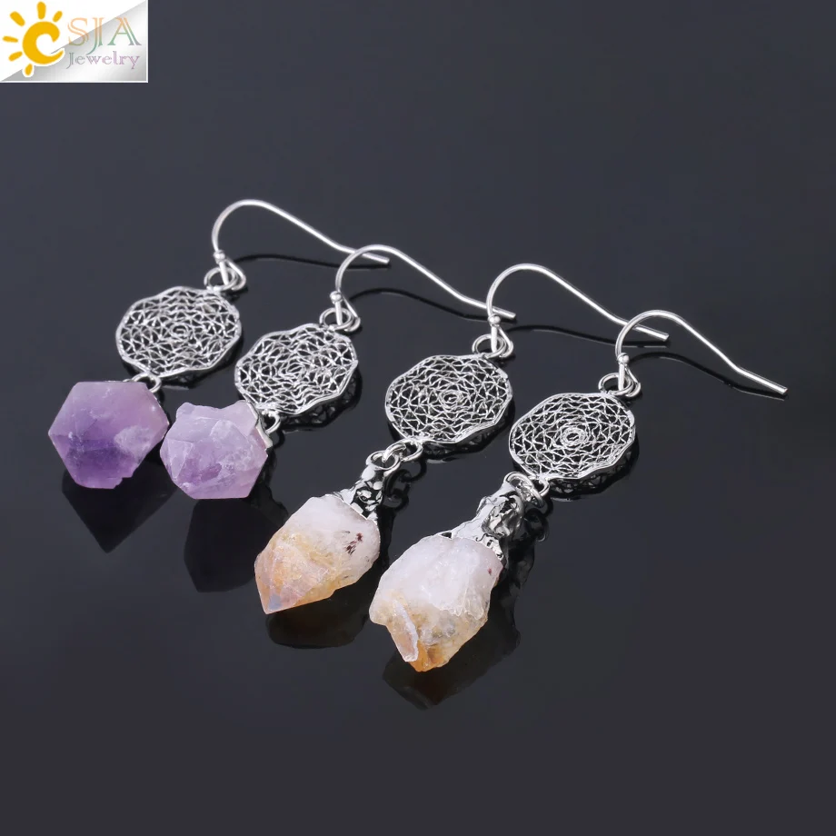 CSJA Natural Stone Earrings for Wife Unique Citrines Purple Crystal Quartz Gold Silver Color Drop Earring Anniversary Gift F897