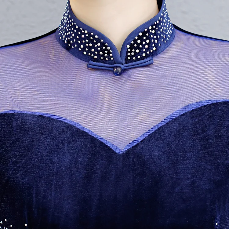 Китайское традиционное платье длинный чеонгсам велюр Qipao Вышивка платья для женщин Повседневное синий цветок Cheongsam Katoen для