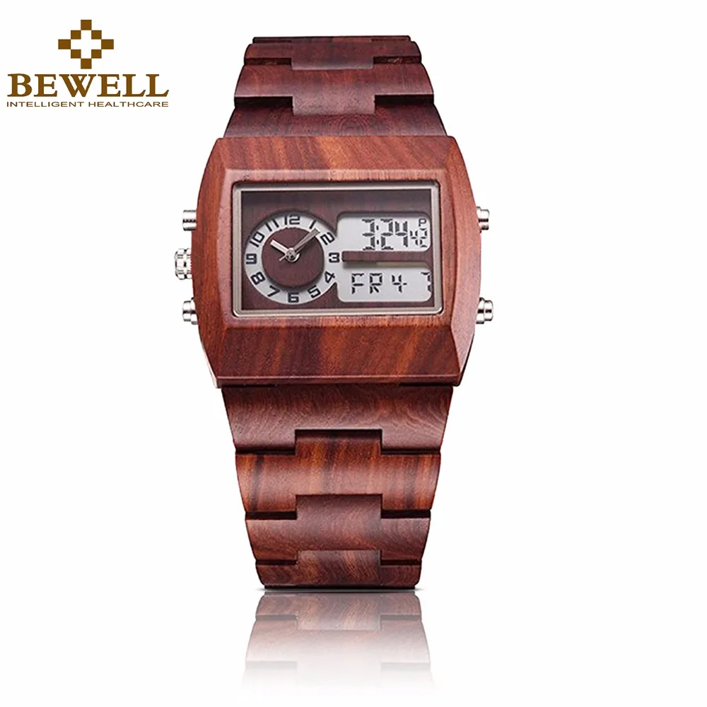 

BEWELL Wooden Men Watch Electronic Multi-function Luminous Big Square Digital Sandalwood Watches Male montre bois homme 021A