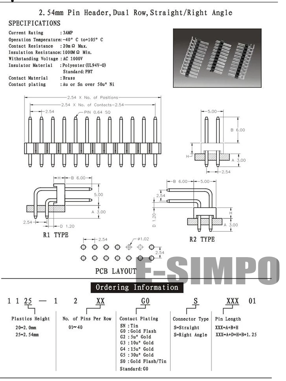 2.54mm straight 90D 2X40P Single Plastic
