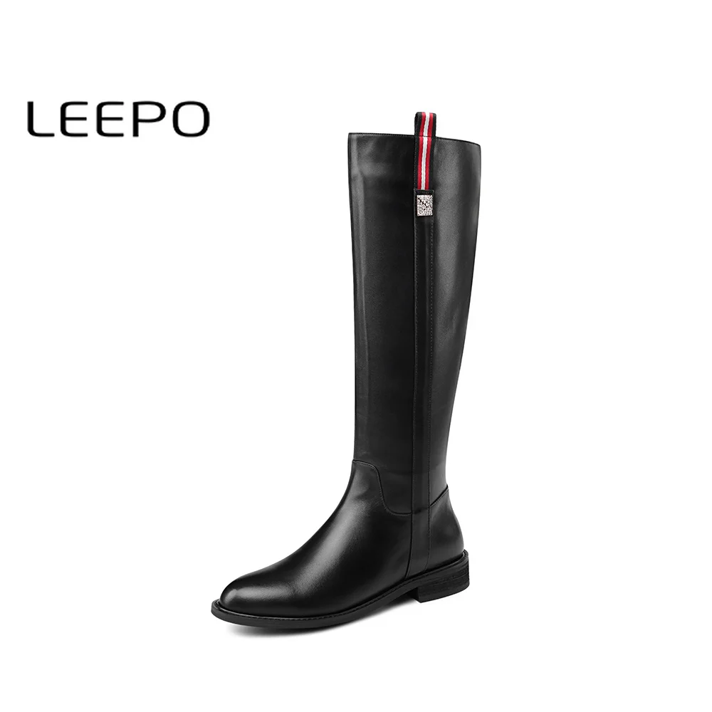 

LEEPO Women Genuine Leather Knee High Boots Women Balck High Boots Ladies Long Booties Winter Boots Flat Round Toe Booties