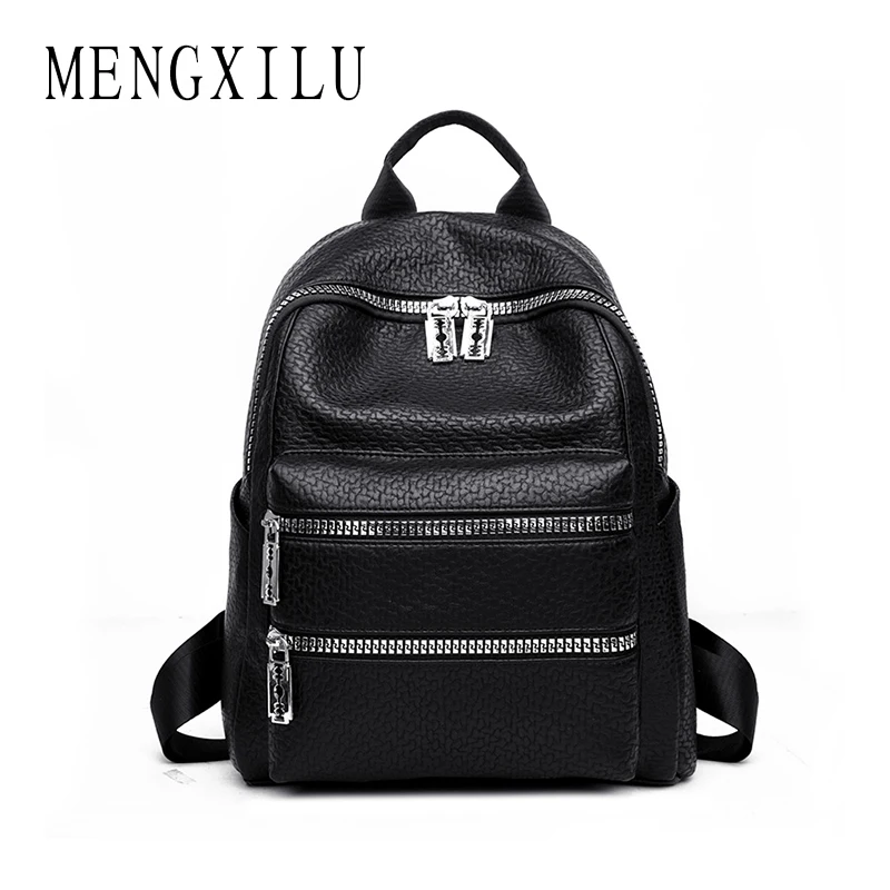 

MENGXILU 2018 New Women Backpack Leather Soft Pu Double Zipper School Bags For Teenager Girls Solid Big Capacity Ladies Backpack