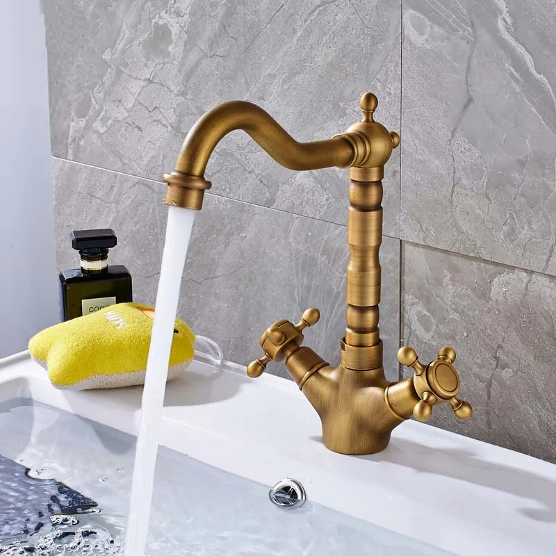 Antique Brass Cross Handles Bathroom Basin Faucet Mixer Tap Deck Mount Single Hole Mixer Tap KD540