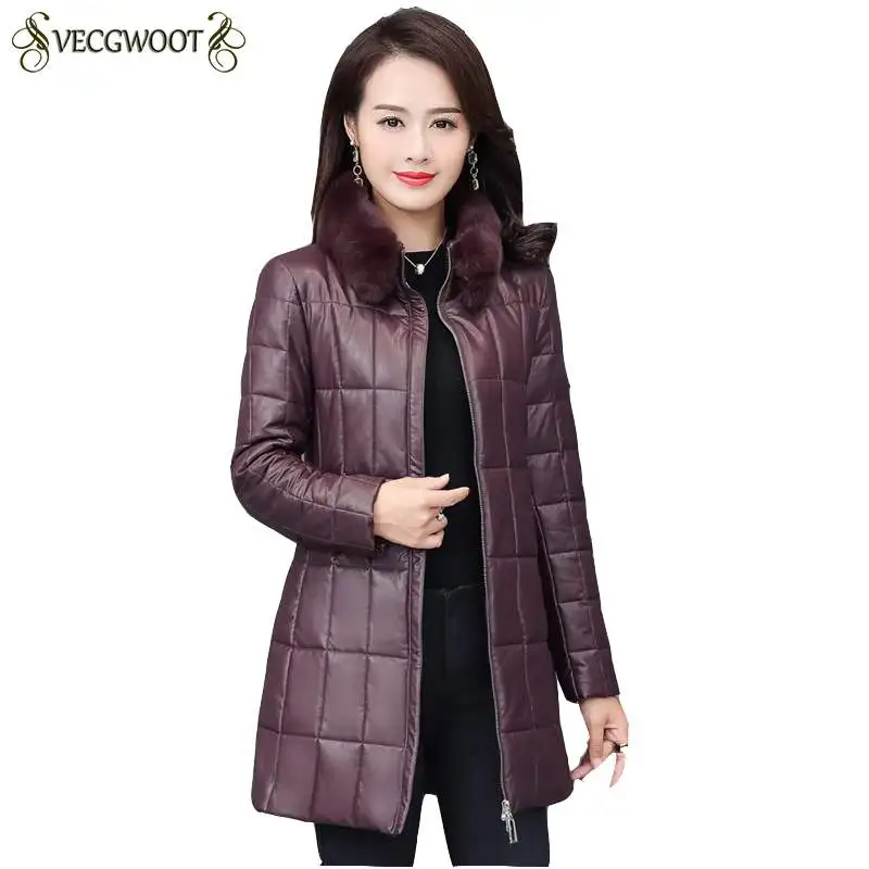 

Middle-aged Genuine Leather Jacket Women New Fur Collar Down Coat Big Size Females Parkas Slim Medium Long Warm Outerwear PR389