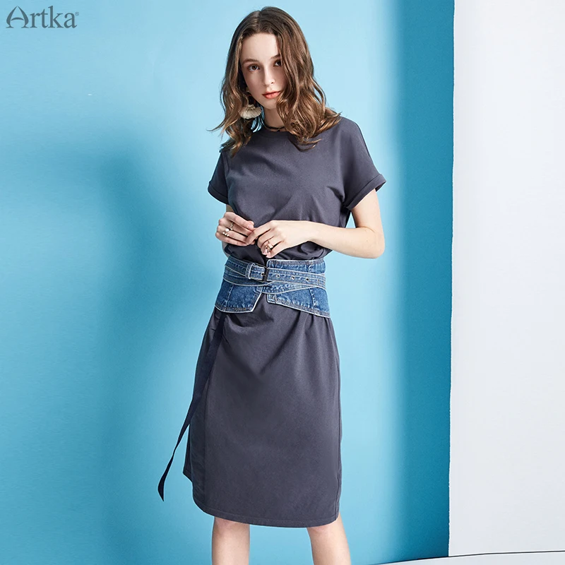 Женское платье-футболка со складками ARTKA, голубое однотонное повседневное платье-футболка свободного покроя с тесьмой, ZA10192X, на лето