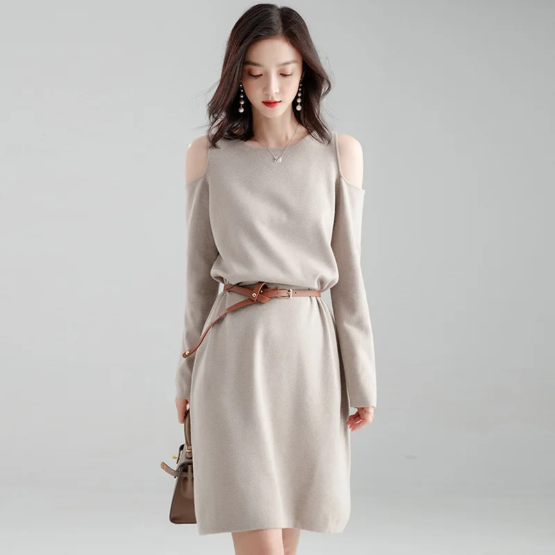 

Autumn Sweater Women Winter Clothes Fashion Warm Long Sleeve O-Neck Pullover Women Sweater Pull Solid Off Shoulder Loose Dress