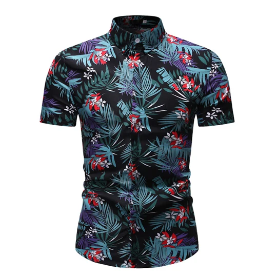 Гавайская Мужская рубашка с цветочным принтом и листьями, пляжные, вечерние, повседневные, праздничные, с коротким рукавом, на пуговицах, тропическая рубашка, Мужская сорочка, Homme, 3XL - Цвет: As Picture