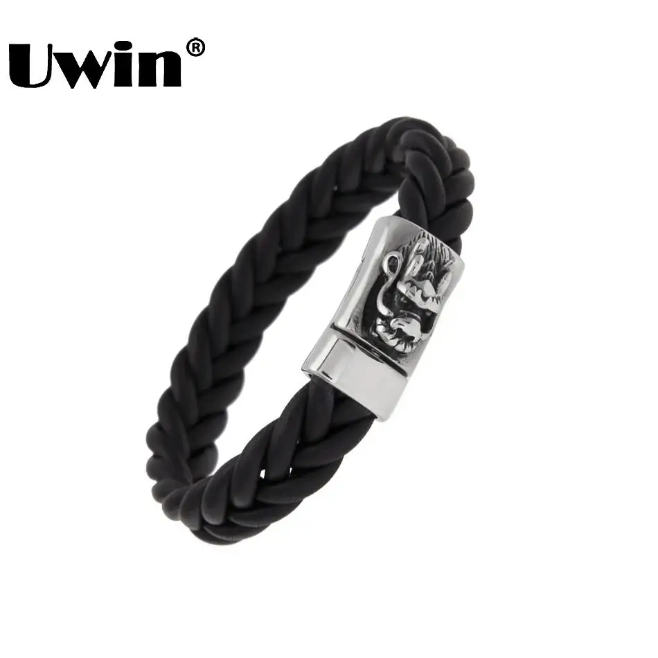 

Uwin Handmade Genuine Leather Dragon Face Shape Bracelet Stainless Steel Mens Bracelets&Bangles Fashion Punk Jewelry Wholesale