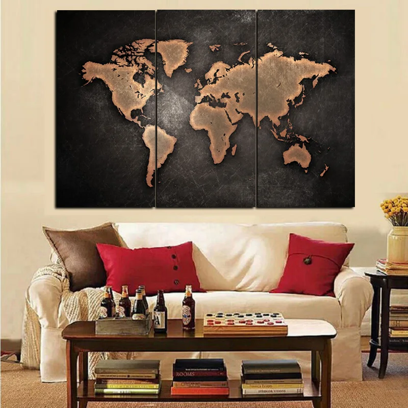 3Panel Prints Large Vintage World Map Abstract Oil Painting on Canvas Art Sofa Modular Wall Picture For Living Room Unframed (2)