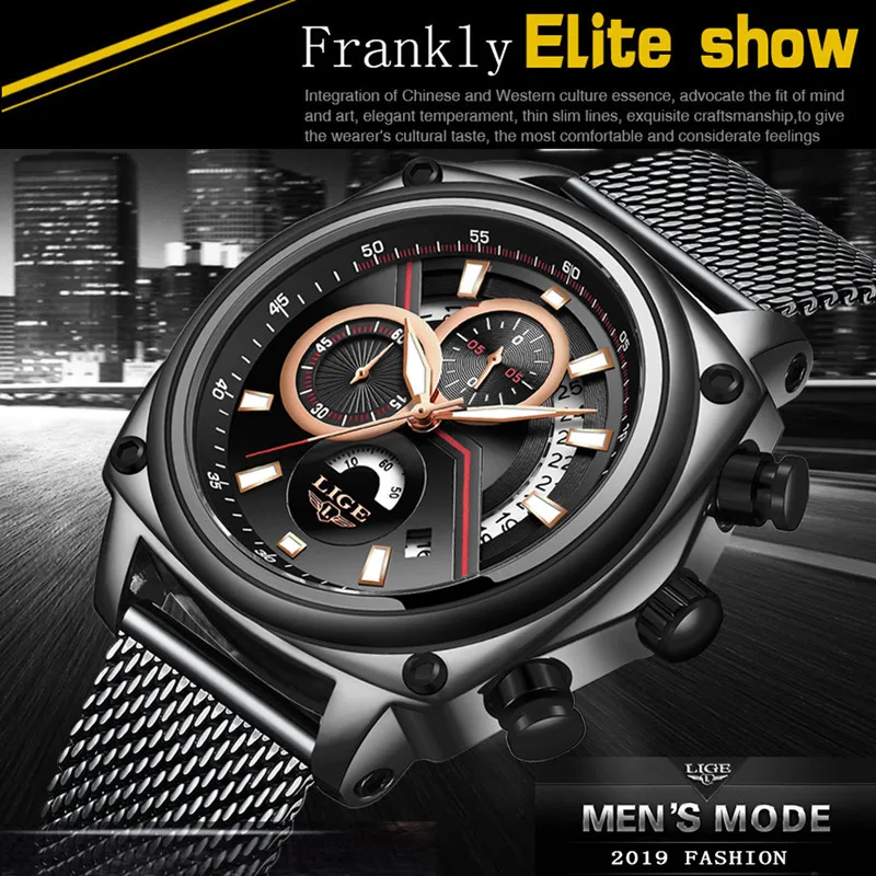 

LIGE Sport Quartz Luxury Black Steel Mesh Belt erkek kol saati Waterproof Top Brand All black dial Chronograph relgio masculino