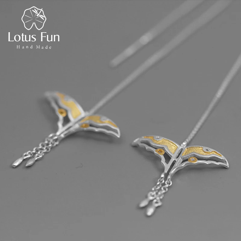 Lotus весело Настоящее серебро 925 проба Натуральный творческий ручной Fine Jewelry полая Бабочка кайт длинный Длинные Висячие серьги для Для женщин