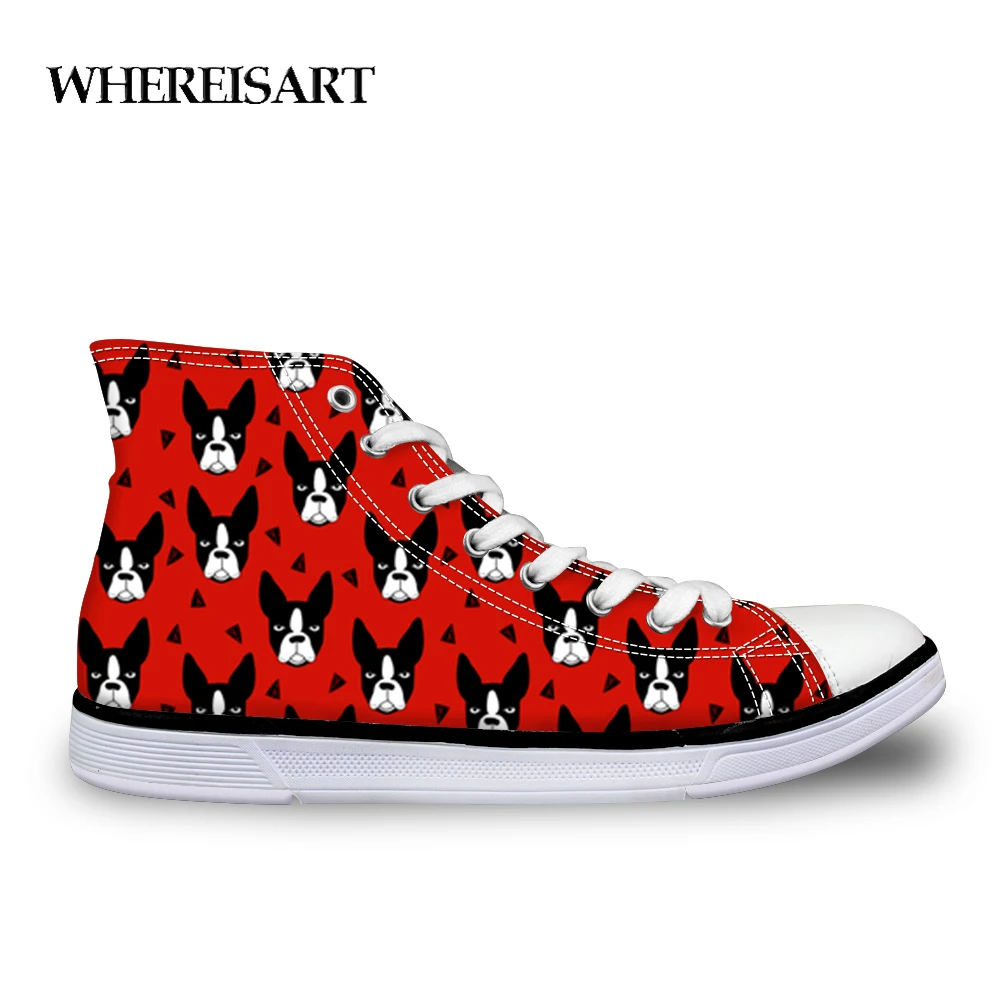 

WHEREISART Boston Terrier Printing Women Vulcanize Shoes Red Women Flat Canvas Shoes Fashion Sneakers For Teen Girls Zapatos
