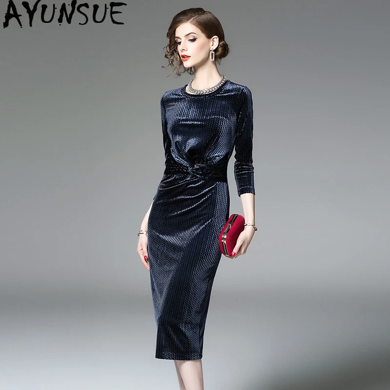 

Vintage Velvet Party Dress Women Clothes 2019 Spring Autumn Elegant Midi Blue Dress Women Dresses Vestidos Robe Femme MY2457