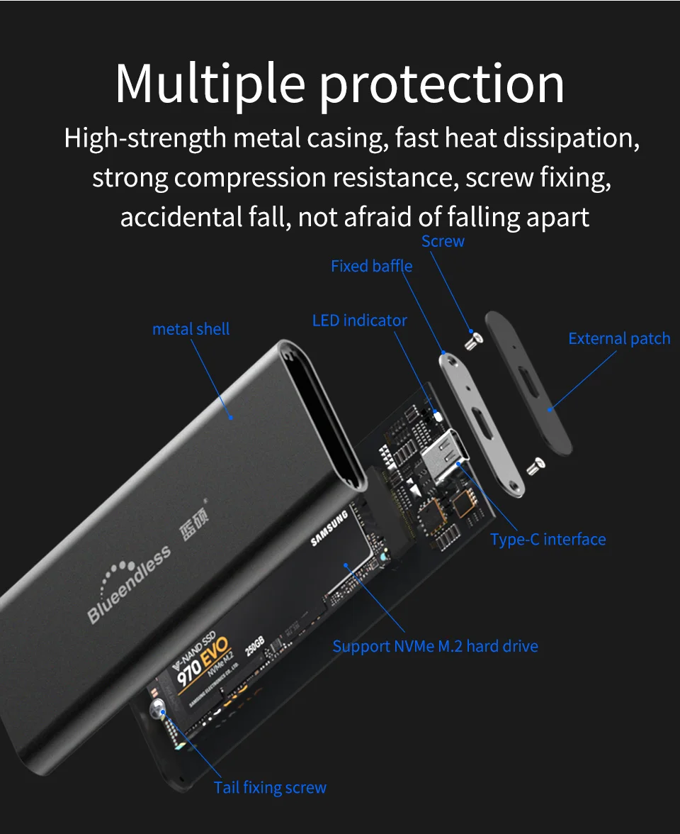 Blueendless M.2 портативный корпус жесткого диска ssd type c usb 3,0 msata корпус жесткого диска черный алюминиевый hdd caddy