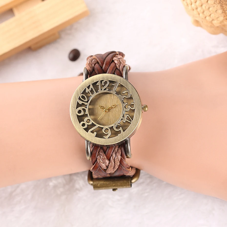 Bohemian Style Lady's Watches Handcraft Black Knitted Leather Watch Band Hollow Arabic Numerals Skeleton Casual  Bracelet Gift (26)