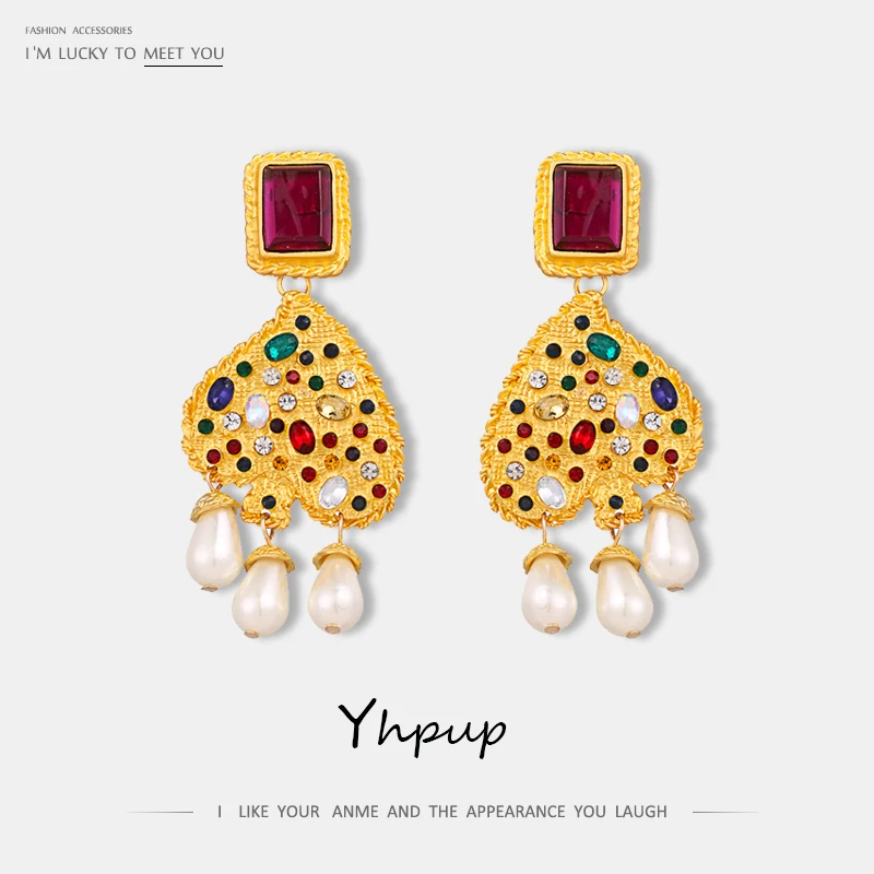 

Yhpup Fashion Vintage Brand High Quality Rhinestone Geometric Dangle Earrings Imitation Pearls Luxury Jewelry For Women Party