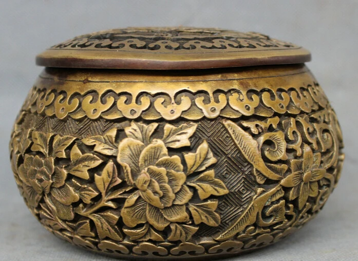 

S3991 Tibet Bronze Buddhism Folk Lotus Flower Statue Bowl Incense Burner Censer Box D0317