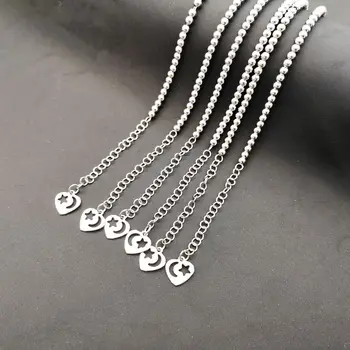

Silver color 4mm stainless steel beads bracelet bangle cute heart char metal beads women bracelet with 5cm extension chain