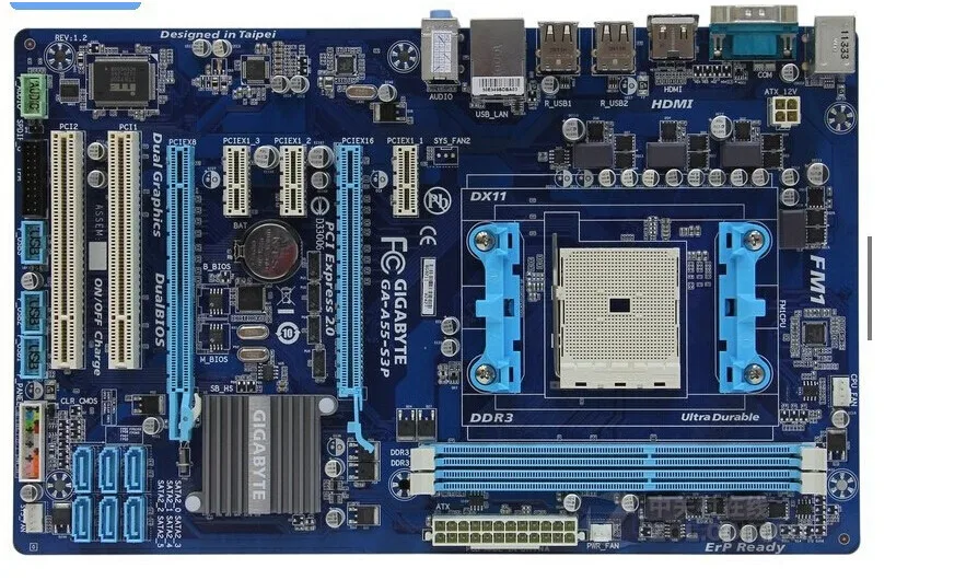 GIGABYTE GA-A55-S3P рабочего Материнская плата A75 гнездо FM1 для A8 A6 A4 E2 32G блок питания ATX A55-S3P используется