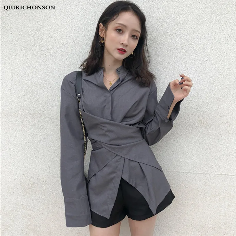 

Women Long Sleeve Blouses Spring Autumn Korean Chic Personalized Streetwear Slim Waist Cross-over Tunic Shirts Casual camisas