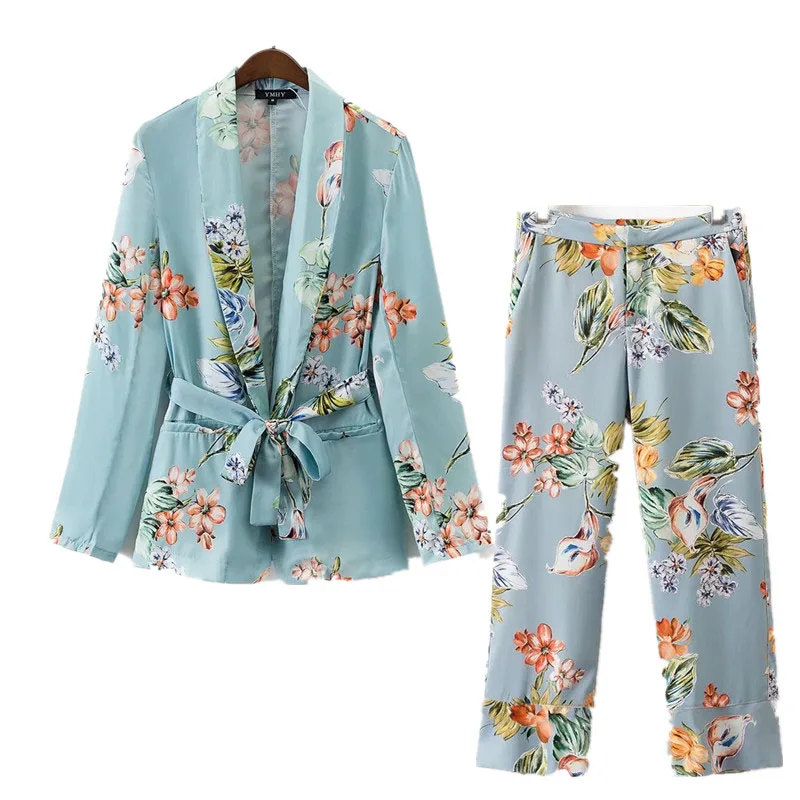 

2 piece set Suit female European style Holiday suit flower pattern fashion casual suit long-sleeved pajamas jacket + pants suit