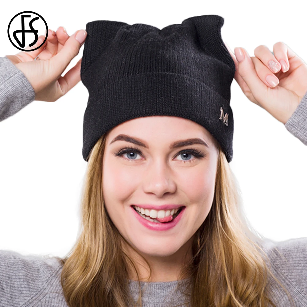 

FS Black Cat Ears Hat Winter Women Knit Skullies Beanies Casual Cashmere Warm Solid Color Hip Hop Cap Lady Girls Cute Ski Caps