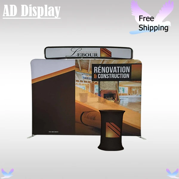  10ft*8ft Straight Tension Fabric Backdrop Trade Show Display Stand With Single Side Printing(Include Oval Table And Top Banner) 