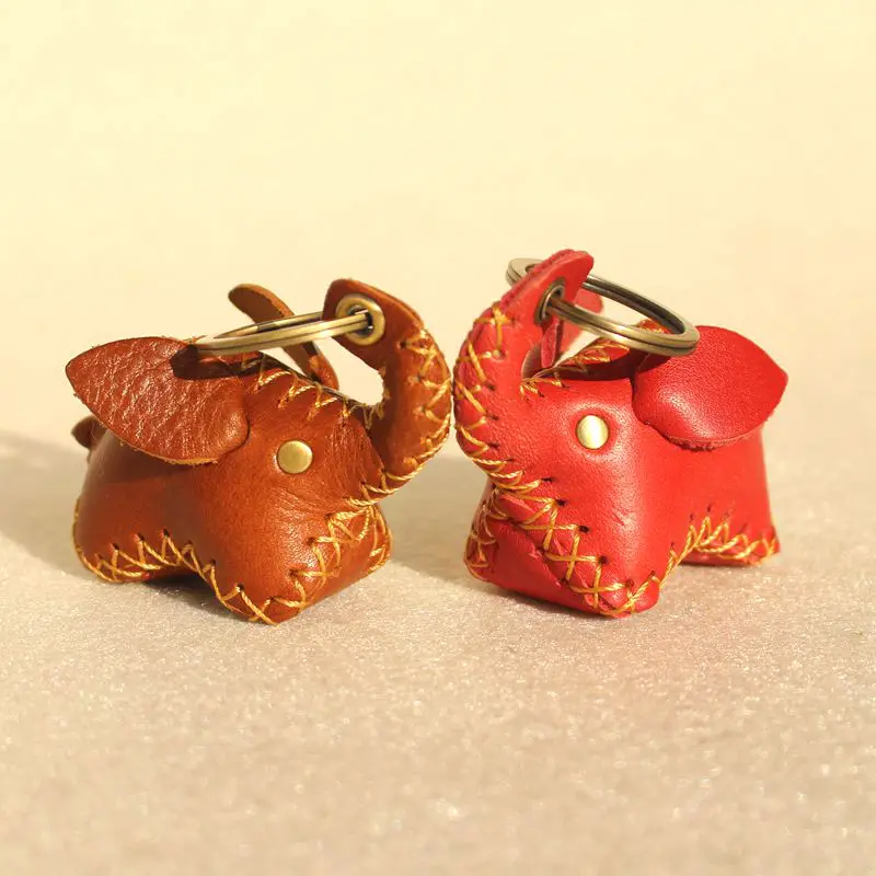 

Handmade Cute Genuine Real Leather 3D Lucky Elephant Car Keychain For Women Animal Key Chain Key Ring Girls Bag Charms Pendant