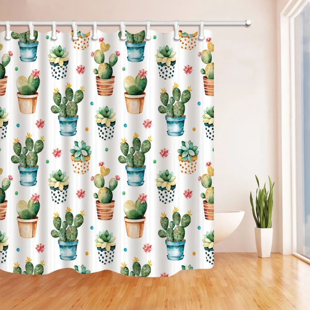 Watercolor Succulents Cactus Shower Curtain Waterproof Fabric Bathroom w// Hooks
