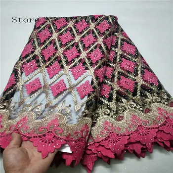 

2019 New Designs Mei Red color African embroidered French Lace Fabric High Quality French Net Lace With Stones For Women Dress