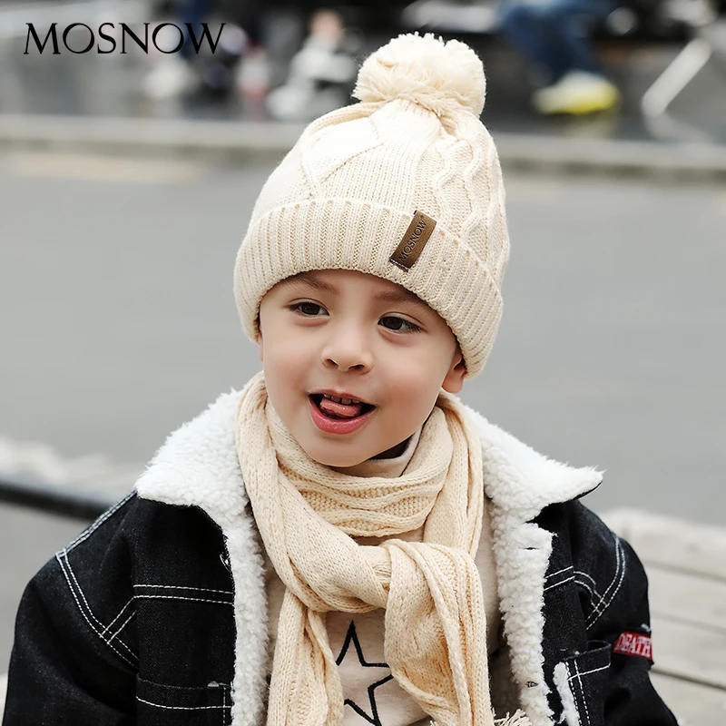 

Boy Hat And Scarf Set Curl Cotton Knitted Winter Fur Pompom Ears Caps Dot Boy Cap Baby Thick Warm #MZ846