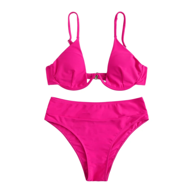 Romwe, спортивный комплект бикини, неоновый, ярко-розовый, Одноцветный топ на косточках, с высокой талией, низ, купальник для женщин, летний, сексуальный, два предмета, костюмы
