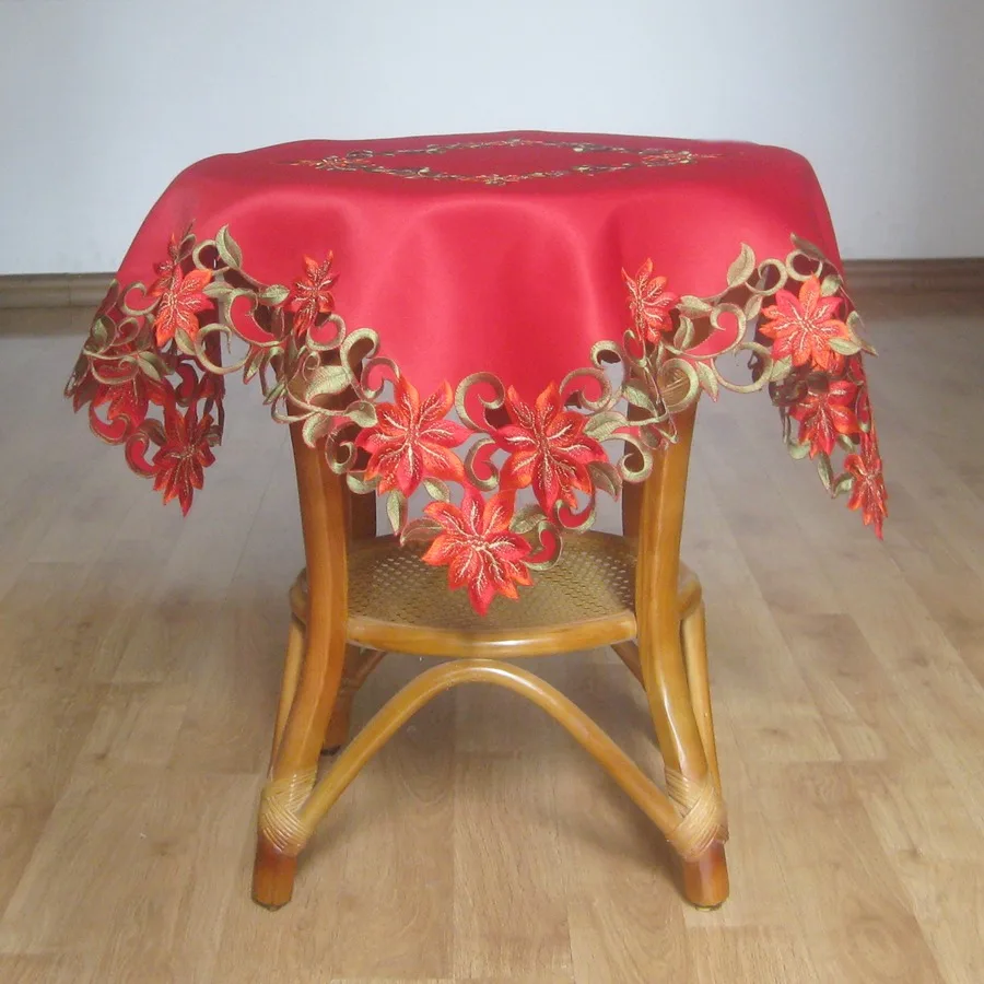 Vezon جديد عيد الميلاد البوليستر التطريز عيد الميلاد الجدول عداء الساتان سماط Cutwork تحديد الموقع الأحمر الجدول العلم منشفة القماش يغطي