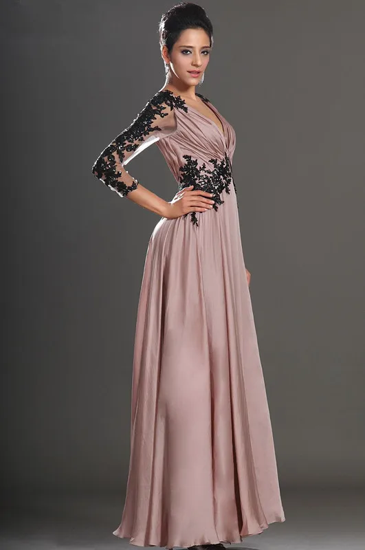 Free-Shipping-New-Sexy-3-4-Sleeve-V-neck-Black-Applique-Chiffon-Evening-Dress (1)