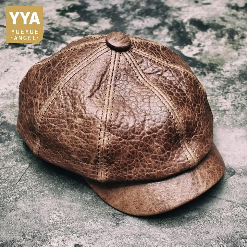 

British Mens Motor Biker Beanies Sheepskin Real Leather Octagonal Hats New Women Winter Military Cap Boina Chapeau Retro Hat