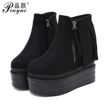 

Suede Platform Wedges Shoes Women Ankle Boots Black Fashion Fringe Autumn Boots High Heel Flock Ladies Shoes Zipper